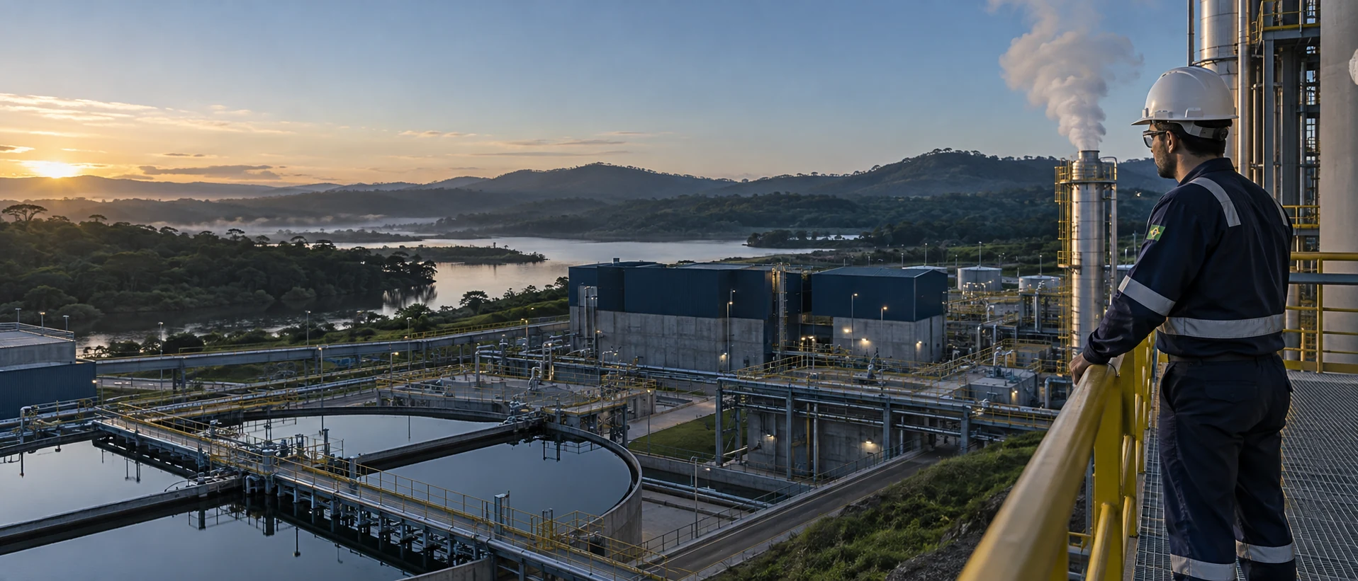 Profissional de segurança observa instalação industrial, tratamento de água e área verde